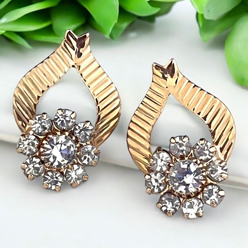 Vintage 1980s Rhinestone Earrings Gold Tone Floral Prong Set Crystals - 7Q